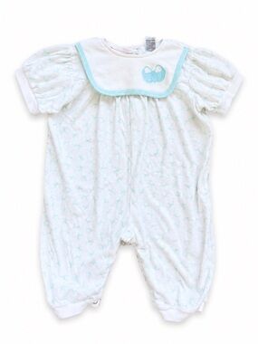 Vintage Honors Baby White Mint Embroidered Bib Romper 9M